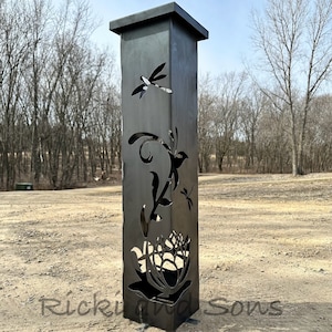 Garden Column - Garden Pillar - Water Lily & Dragon Flies /  Steel Metal art / Metal Decor / Outdoor Decor / Garden Art / Lighted Column