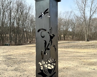 Garden Column - Garden Pillar - Water Lily & Dragon Flies /  Steel Metal art / Metal Decor / Outdoor Decor / Garden Art / Lighted Column