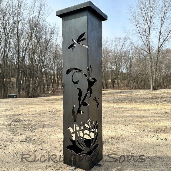 Garden Column - Garden Pillar - Water Lily & Dragon Flies /  Steel Metal art / Metal Decor / Outdoor Decor / Garden Art / Lighted Column