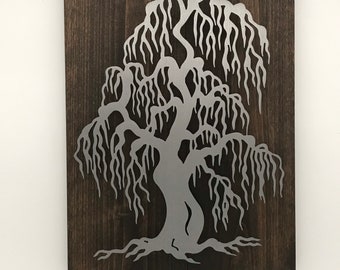 Willow Tree on Knotty Alder / Wood and Metal Signs / Rustic Sign / Wall Art / Wall Decor