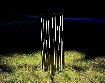 Custom Sized Garden Column w/Solar Lighted Top -Garden Pillar - Vertical Lines Pattern / Metal Decor / Outdoor Decor / Lighted Column