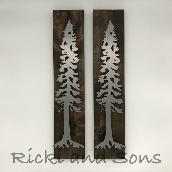 Set of Pine Tree on Knotty Alder / Wood and Metal Signs / Modern Sign / Wall Art / Wall Decor