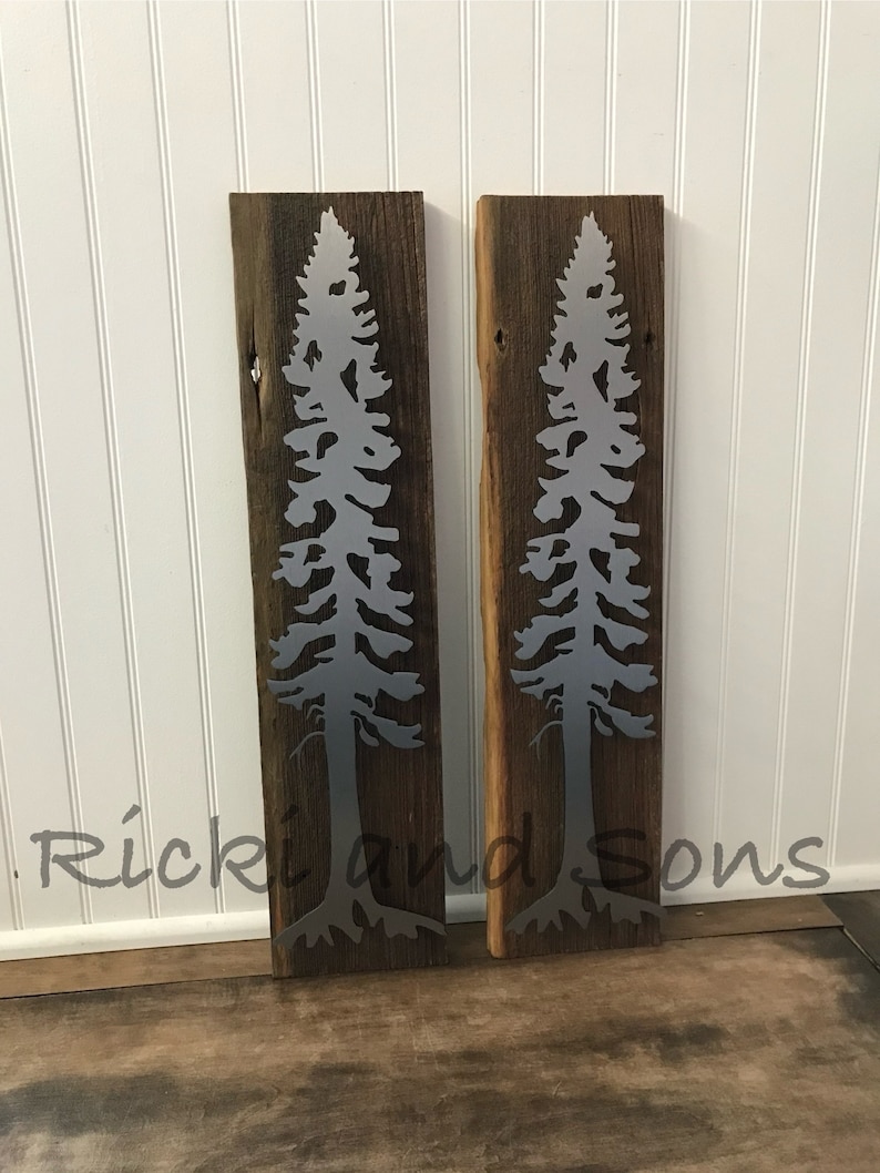 Set of Pine Tree on Barn Wood / Wood and Metal Signs / Rustic Sign / Wall Art / Wall Decor image 2