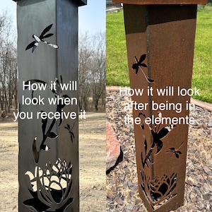 Garden Column - Garden Pillar - Water Lily & Dragon Flies / Steel Metal art / Metal Decor / Outdoor Decor / Garden Art / Lighted Column image 10