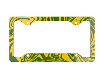 Green & Yellow Marble License Plate Frame | Abstract Swirl Car Accessory | Metal Auto Frame