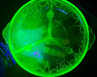 Chipped Uranium Hocking Glass Ballerina Divided 3 Footed Bowl-Green Uranium Glass Dish-Vintage Depression-Uranium Glass-UV Reactive Glass