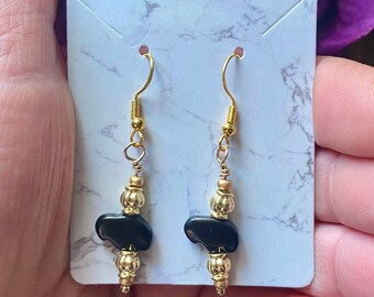 Black Obsidian Zuni Buffalo Beaded Earrings-Zuni Buffalo Earrings-Handmade Beaded Zuni Buffalo Earrings