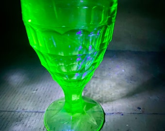 Vintage Uranium Ribbed Glass Goblet-Green Depression Glass Goblet-Vintage Uranium Glass-UV Reactive Depression Glass