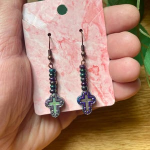 Cross Dangle Earrings-Cross Jewelry-Religious Handmade Earrings-Beaded Cross Earrings