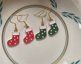 Christmas Spotted Stocking Earrings-Winter Stocking-Red Stocking Earrings-Green Stocking Earrings-Holiday Earrings-Christmas Jewelry