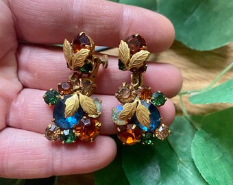 Vintage Rhinestone Leaf Clip On Earrings: Goldtone Colorful Jewelry
