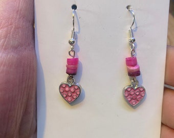 Pink Heart With Shell Bead Earrings-Pink Earrings-Sweatheart Earrings-Heart Earrings