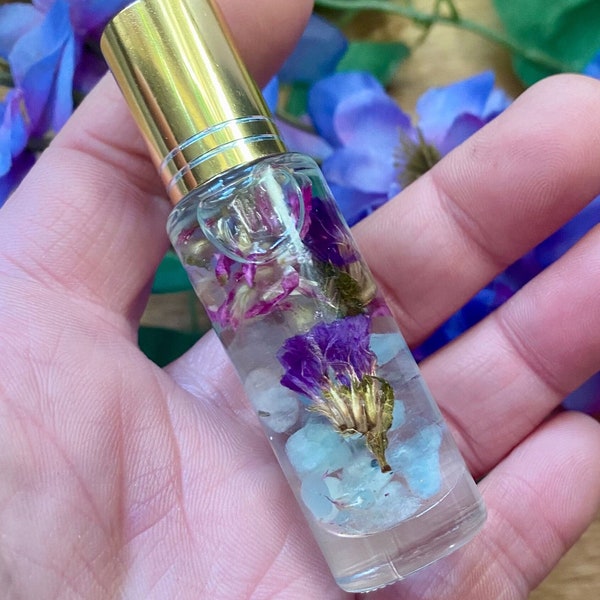 Frankincense Oil Roller Infused With Aquamarine And Flowers-Crystal Infused Oil Roller-Essential Oil Roller-Frankincense Roller-Witchy Oil