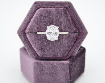 Initial Velvet Ring Box Deep Purple Color Hexagon Shape Double Slot for Engagement Ring and Wedding Ring