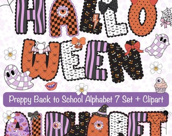 Paquete de imágenes prediseñadas del alfabeto de Halloween: letras PNG, números y elementos espeluznantes (descarga digital)