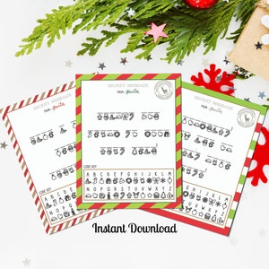 以下が含まれることがあります： クリスマスをテーマにした秘密のメッセージカード3枚とコードキー。カードには赤、緑、白のボーダーがあり、暗号と休日のシンボルが描かれています。「Secret Message From Santa」の文字が上にあります。「Instant Download」は下にあります。