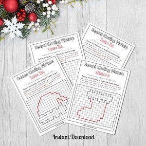 Pode incluir: Quatro folhas de papel branco com padrões de grade e o texto "Secret Coding Picture" são exibidas. As folhas apresentam pistas de anagramas e instruções para revelar imagens ocultas. A frase "Instant Download" está na parte inferior.