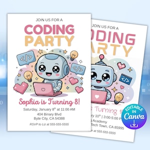 Puede incluir: Dos invitaciones para una fiesta de codificación. Cada invitación presenta un robot de dibujos animados con un portátil, rodeado de corazones, estrellas y bombillas. El texto dice "¡Únete a nuestra fiesta de codificación!" y "¡Sophia cumple 8 años!"