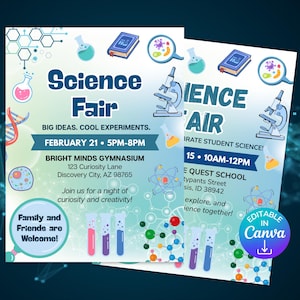 May include: Two science fair flyers with a blue and green gradient background. The flyers have the text "Science Fair" and "Science Air" with event details, including dates, times, and locations. Graphics of beakers, microscopes, and atoms are included.