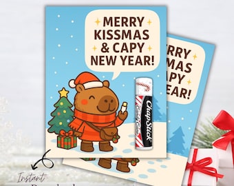Capybara Chapstick Holder Printable, Lip Balm Holder Template, Merry Kissmas and Capy New Year Tag, Stocking Stuffer, Instant Download PDF