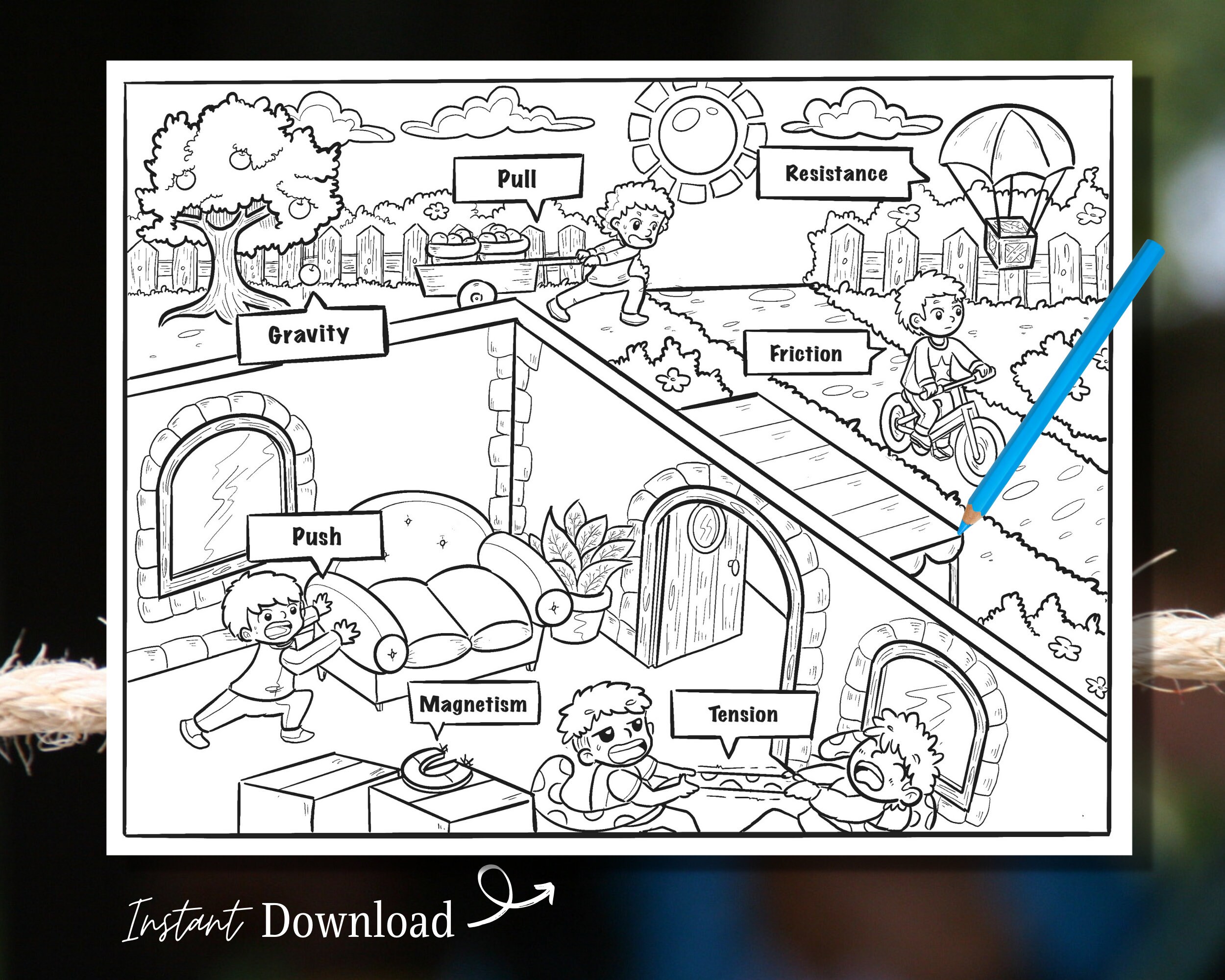 force and motion printable coloring page physics education etsy ireland