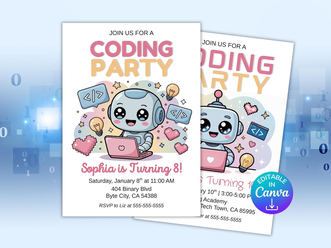 Girl Coding Birthday Party Invitation Editable Canva Template, Computer ...