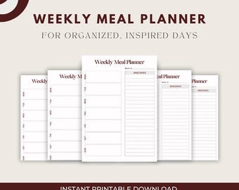 Weekly Meal Planner Printable | Food Organizer for Busy Moms | Meal Prep Schedule Template | Grocery List | Healthy Eating Planner
