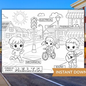 Op de afbeelding: Zwart-wit illustratie van een straatbeeld met kinderen die vormen van energie demonstreren. De afbeelding bevat tekstlabels voor elektrische, licht-, thermische, mechanische en geluidsenergie. De woorden "Forms of Energy: M.E.L.T.S." zijn ook aanwezig.