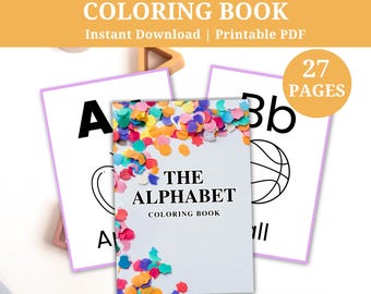 Alphabet Coloring Book for Kids Printable, ABC Learning Activity Pages, Preschool Toddler Educational Coloring Sheets, Digital Download PDF