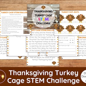 May include: Thanksgiving Turkey Cage STEM Challenge digital download. Includes instructions, cut-outs, and a challenge to build a cage to save the turkeys. Features a brown and orange color scheme with turkey illustrations.