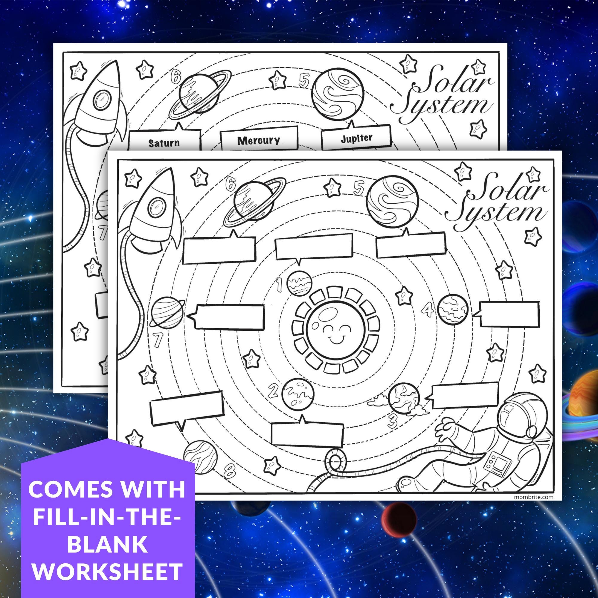 Solar System Coloring Page, Planets Worksheet for Kids, Outer Space ...