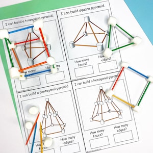 May include: Educational worksheet with diagrams of pyramids made from marshmallows and sticks. The worksheet includes prompts for counting faces and edges. The title reads "I can build a... pyramid."