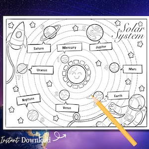 May include: Black and white line art illustration of the solar system, featuring planets, a rocket, and an astronaut. The image includes the text "Solar System" and "Instant Download". A yellow pencil points to the planet Earth.