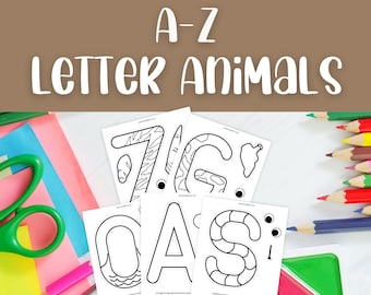 Manualidades del alfabeto para preescolar, Manualidades del alfabeto para imprimir, Manualidades del alfabeto con animales para niños, Páginas para colorear del alfabeto con animales, Descarga instantánea