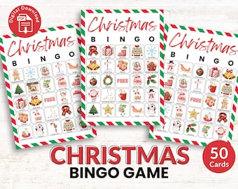 Christmas Bingo Game, Printable Holiday Bingo, 50 Christmas Bingo Cards, Kids Christmas Party Game Bundle, Christmas Classroom Activity