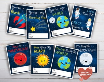 Space Valentines Cards for Kids, Printable Galaxy Classroom Gift Tags, Planet and Astronaut Cards, School Party Exchange, Instant Download