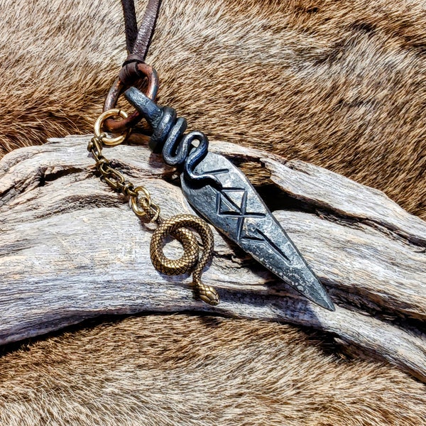 Primitive Hand Forged LOKI Rune Dart / Arrowhead Pendant with Serpent Jörmungandr