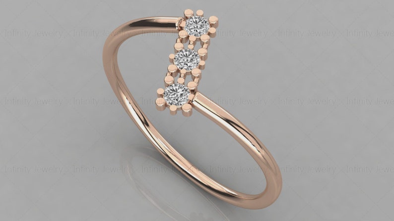 14k Gold Three Stone Natural Diamond Band Zic Zac Stackable Ring