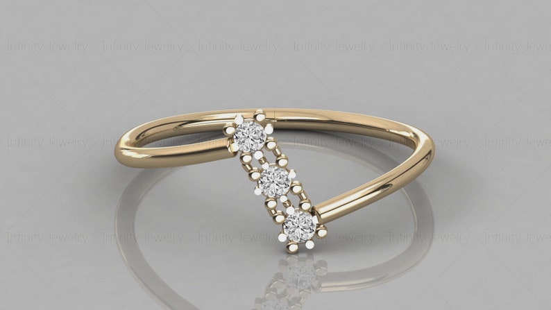 14k Gold Three Stone Natural Diamond Band Zic Zac Stackable Ring