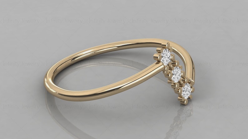 14k Gold Three Stone Natural Diamond Band Zic Zac Stackable Ring