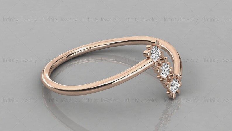 14k Gold Three Stone Natural Diamond Band Zic Zac Stackable Ring
