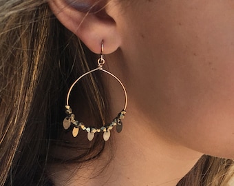 Gold Hoops with Brass Leaves, Boho Style Hoop Earrings, Brass Leaf Earrings