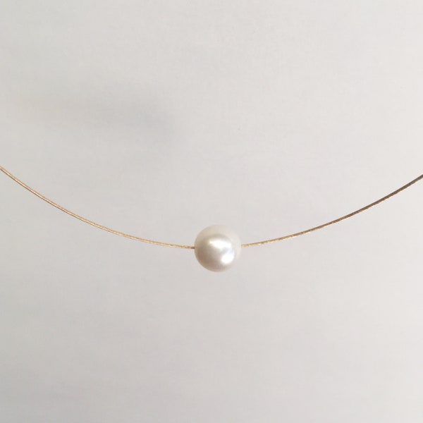 White Floating Pearl Necklace, Simple Pearl Necklace, Pearl on a Chord, Gift For Her