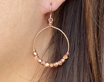 Rose Gold Hoops Earrings,  Copper Bead Earrings, Medium Hoop Earrings, Great Gift