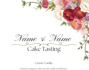 Cartes de dégustation de gâteau de mariage : motif floral personnalisé (modèle modifiable)