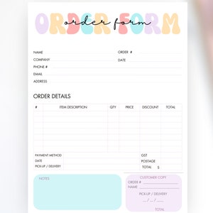 Bestelformuliersjabloon A4 schattig bewerkbaar klantkopie afdrukbare digitale download Kleine bedrijven bestelformulier Kleine bedrijven modern