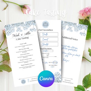 May include: A cake tasting menu with a floral design. The menu lists different cake flavours, including Classic Vanilla, Rich Chocolate Fudge, Teddy Bear Paws with Citrus, and Elegant Raspberry Rose. The menu also includes a section for guests to rate their favourite flavours and leave additional notes.