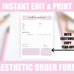 May include: Printable order form template with a pink and white colour scheme. The form includes sections for customer information, order details, payment method, and notes. It also includes a tear-off customer copy.