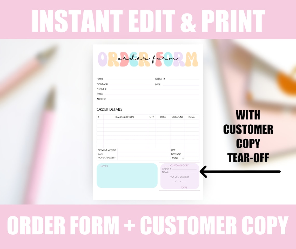 Order Form Template A4 Cute Editable Customer Copy Printable Digital ...