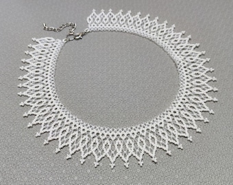 White Lace Wedding Necklace Bridal Beaded Necklace Vintage Choker 30th Birthday Gift Beaded Collar Beadwork Necklace Statement Necklace Gift